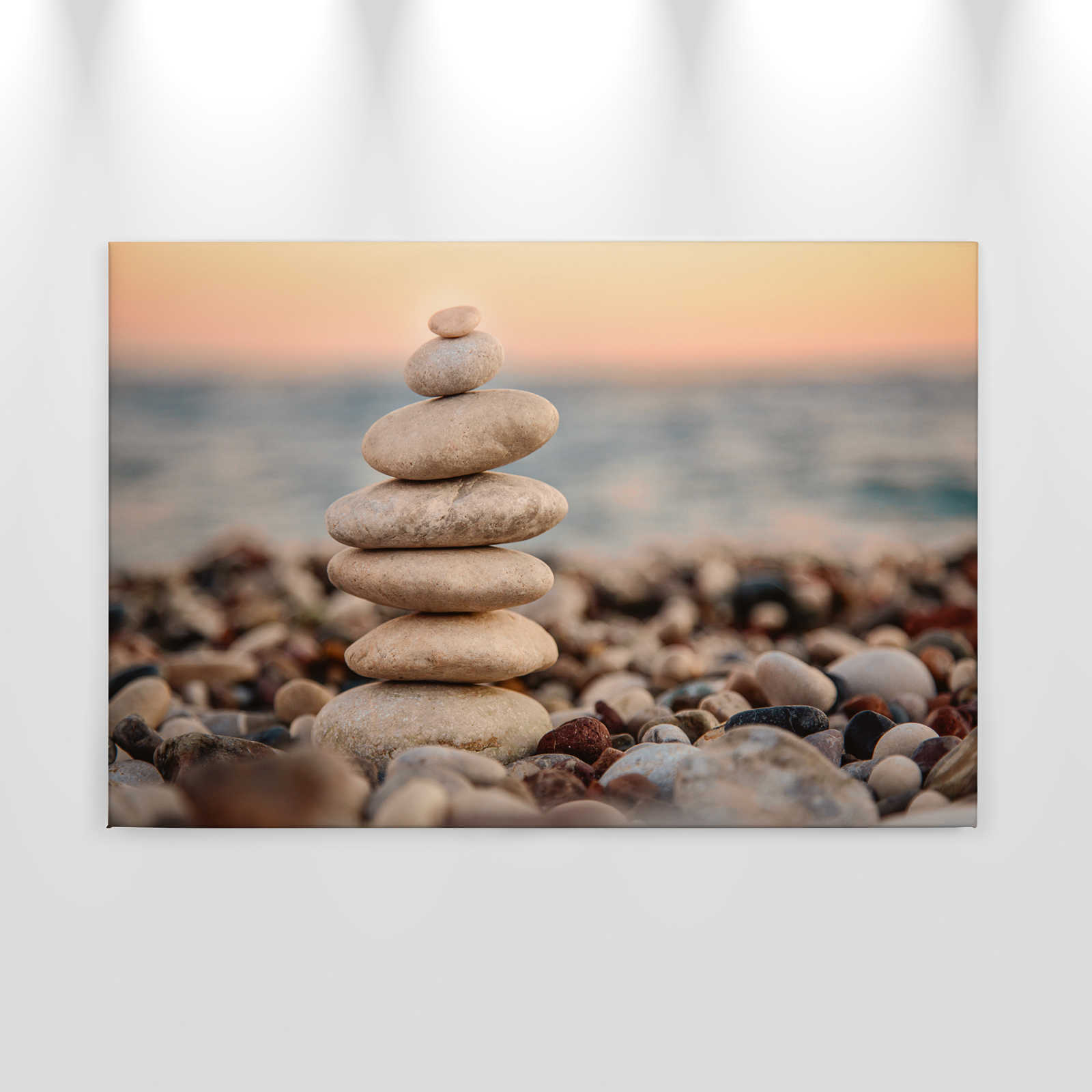            Leinwand mit Steinturm am Meer | grau, blau, orange – 0,90 m x 0,60 m
        