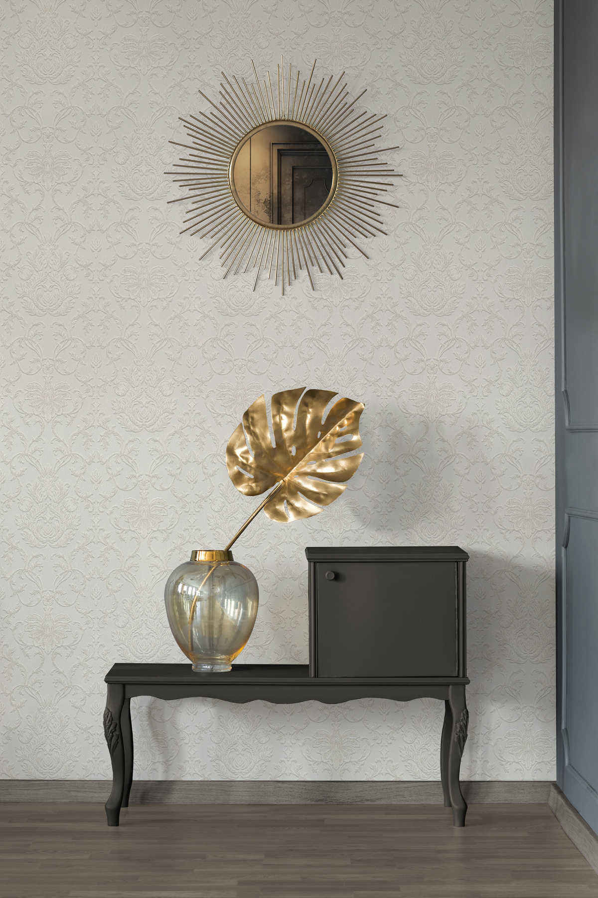 Glitzer Effekt Tapete mit 3D Ornament Design – Weiß