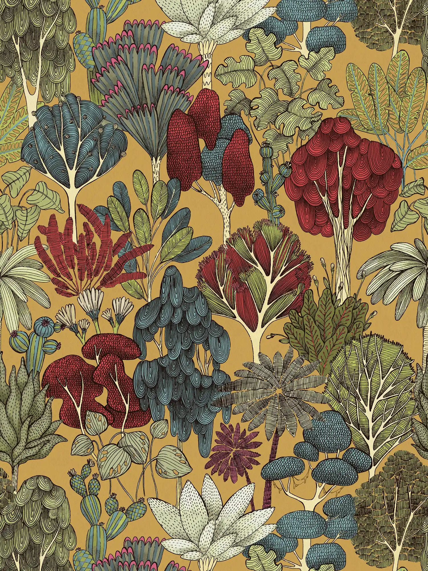         Tapete Senfgelb Bäume mit Doodle Design – Gelb, Rot, Blau
    