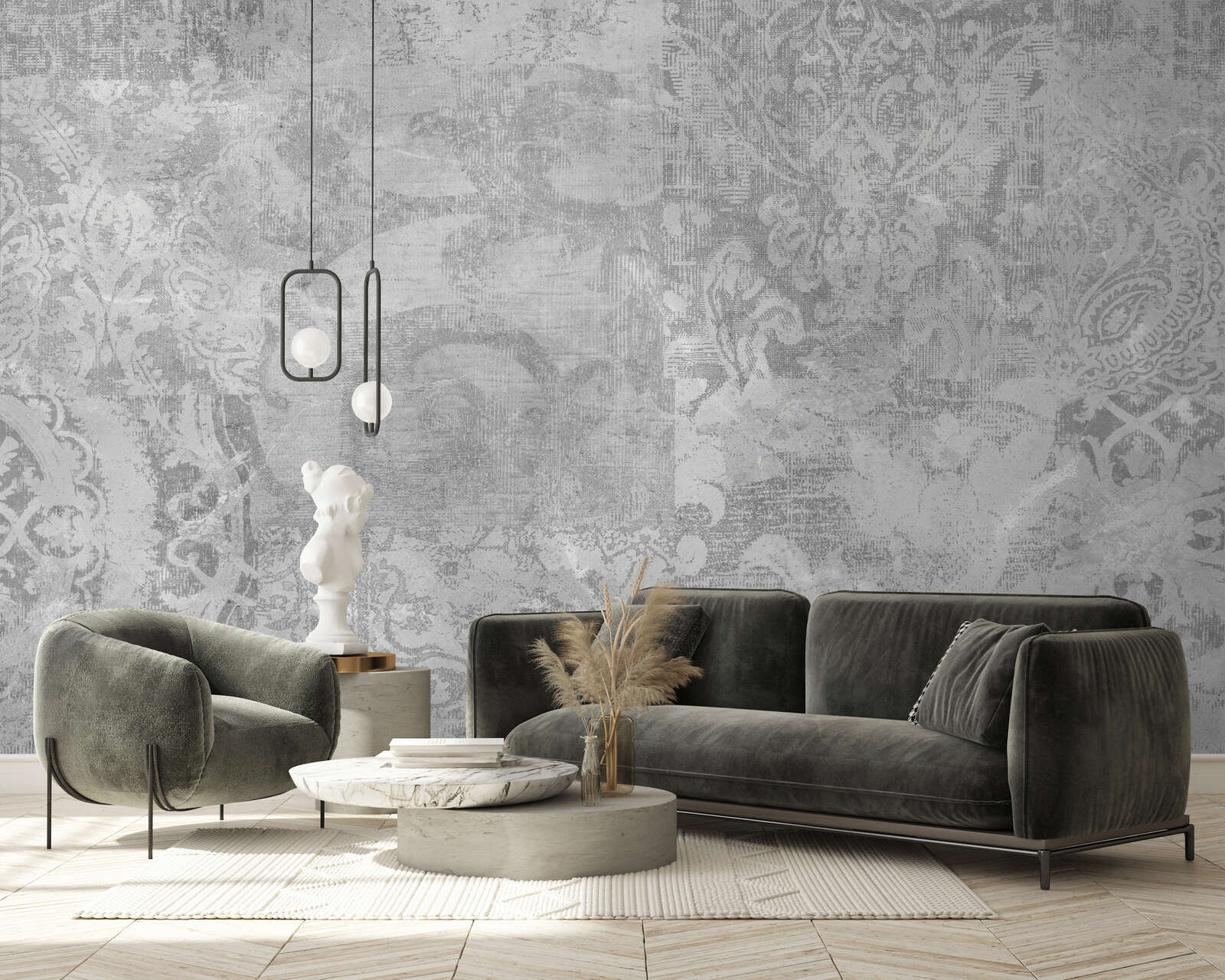 sofa, Sessel, Wohnzimmer, Wandmuster, Skulptur