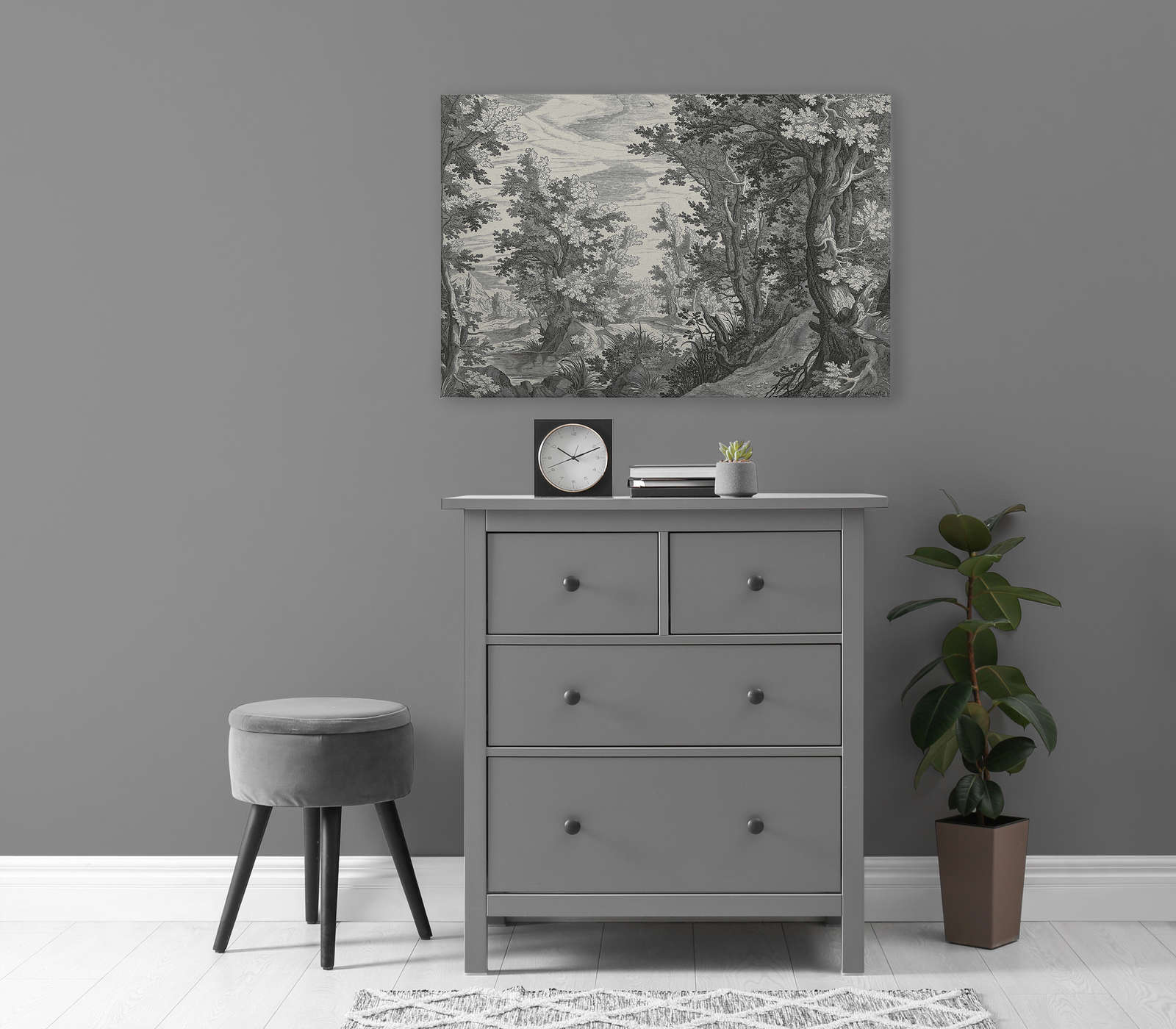             Fancy Forest 3 - Leinwandbild Landschaft Kupferstich Schwarz-Weiß – 0,90 m x 0,60 m
        