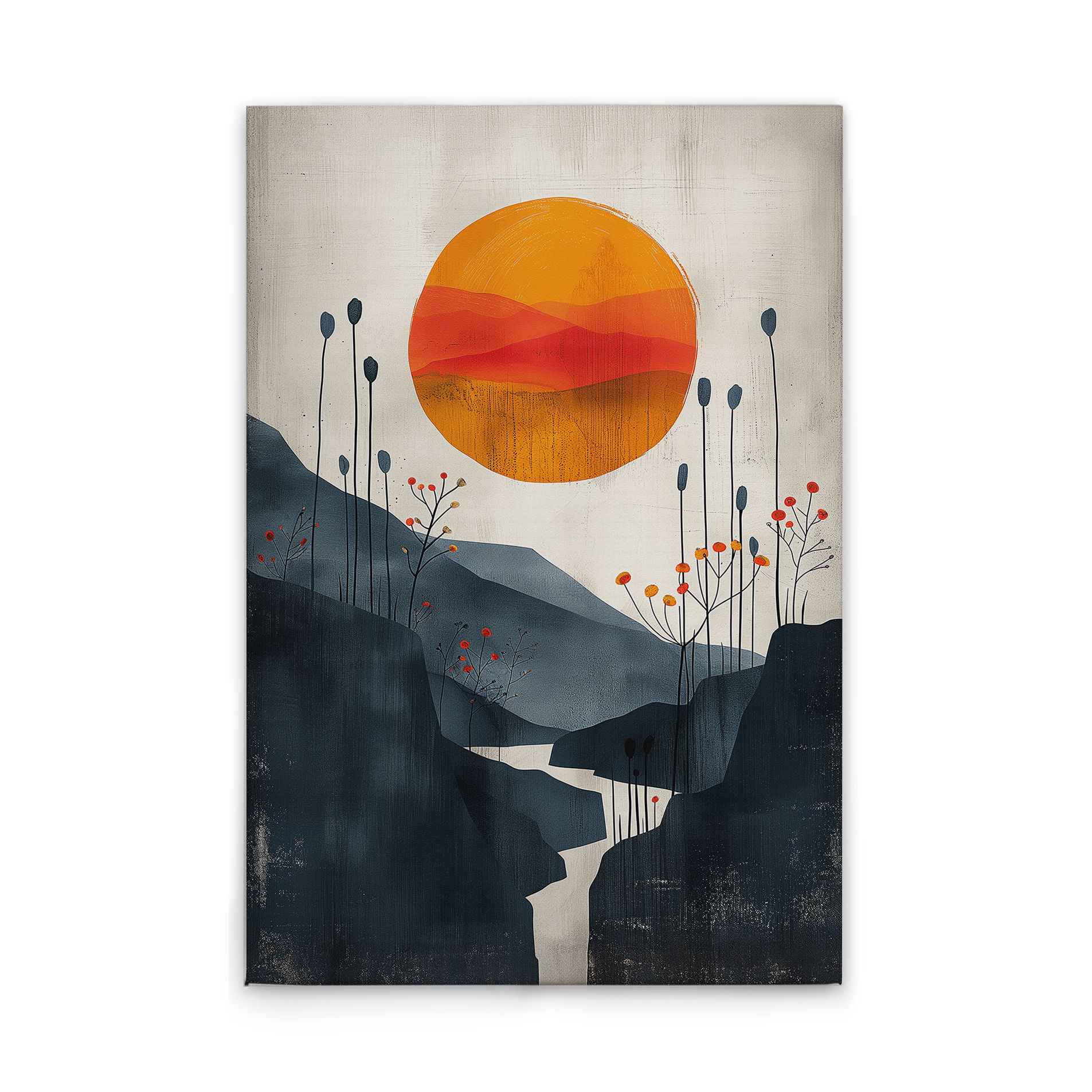             Abendsonne im Tal - Abstrakte Landschaft auf hochwertiger Leinwand. – 30 x 45 cm - Orange, Blau
        