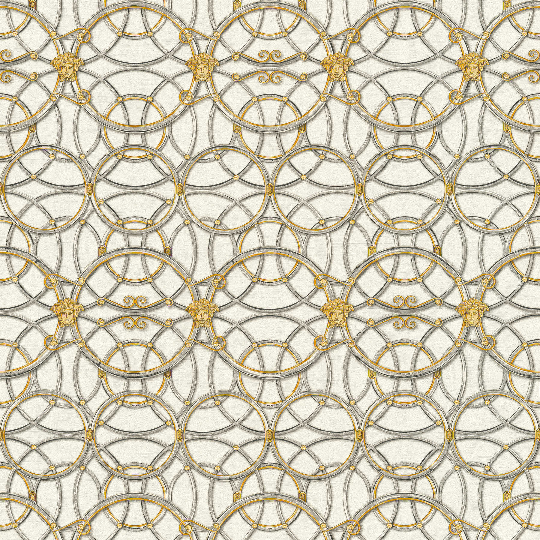         VERSACE Home Tapete Kreismuster und Medusa – Gold, Silber, Weiß
    