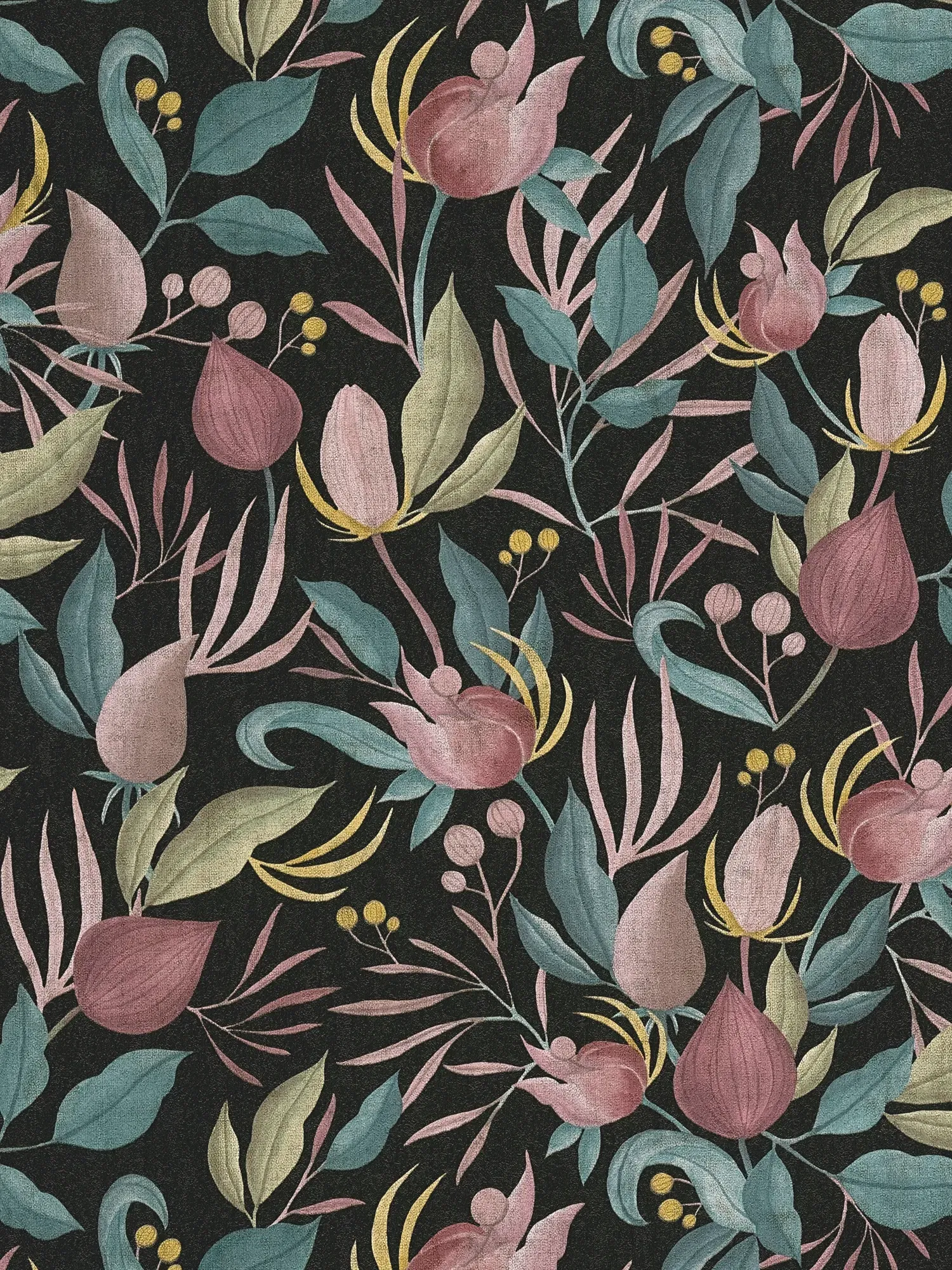 COSMOLiving - Elegante Vliestapete mit exotischen Blüten mit leichtem Schimmer Effekt – Schwarz, Blau, Pink