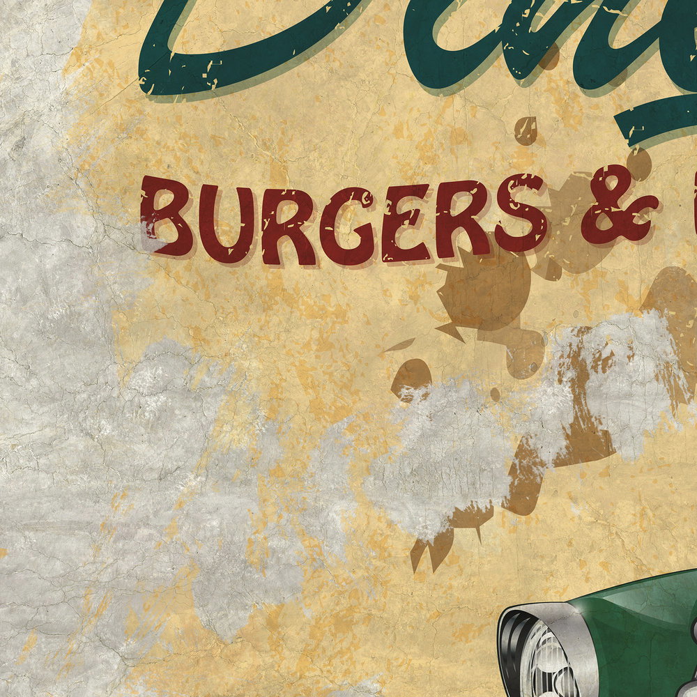             Vintage Retro Style Fototapete – Vliestapete mit Diner Werbung und Oldtimer Flair – Beige, Grau, Rot
        
