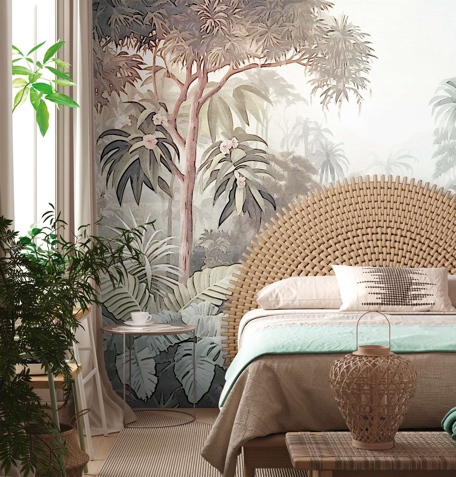             Tropische Regenwald Fototapete mit sanftem Farbverlauf als Vliestapete – Bunt, Braun, Blau
        