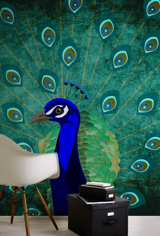 Pfau, Vogel, Wandbild, grüner Hintergrund, Stuhl