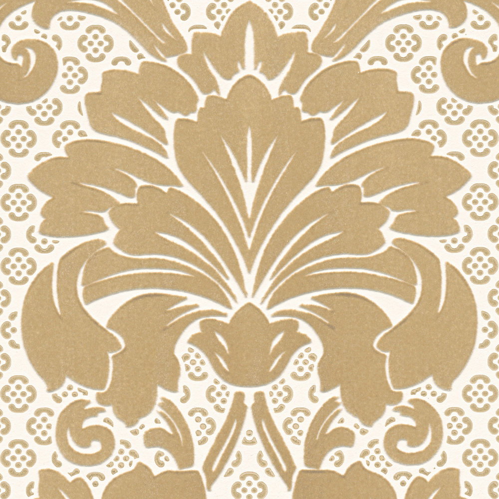 Ornament-Tapete mit samtweichem Flock und schimmernder Goldoptik – Creme, Gold