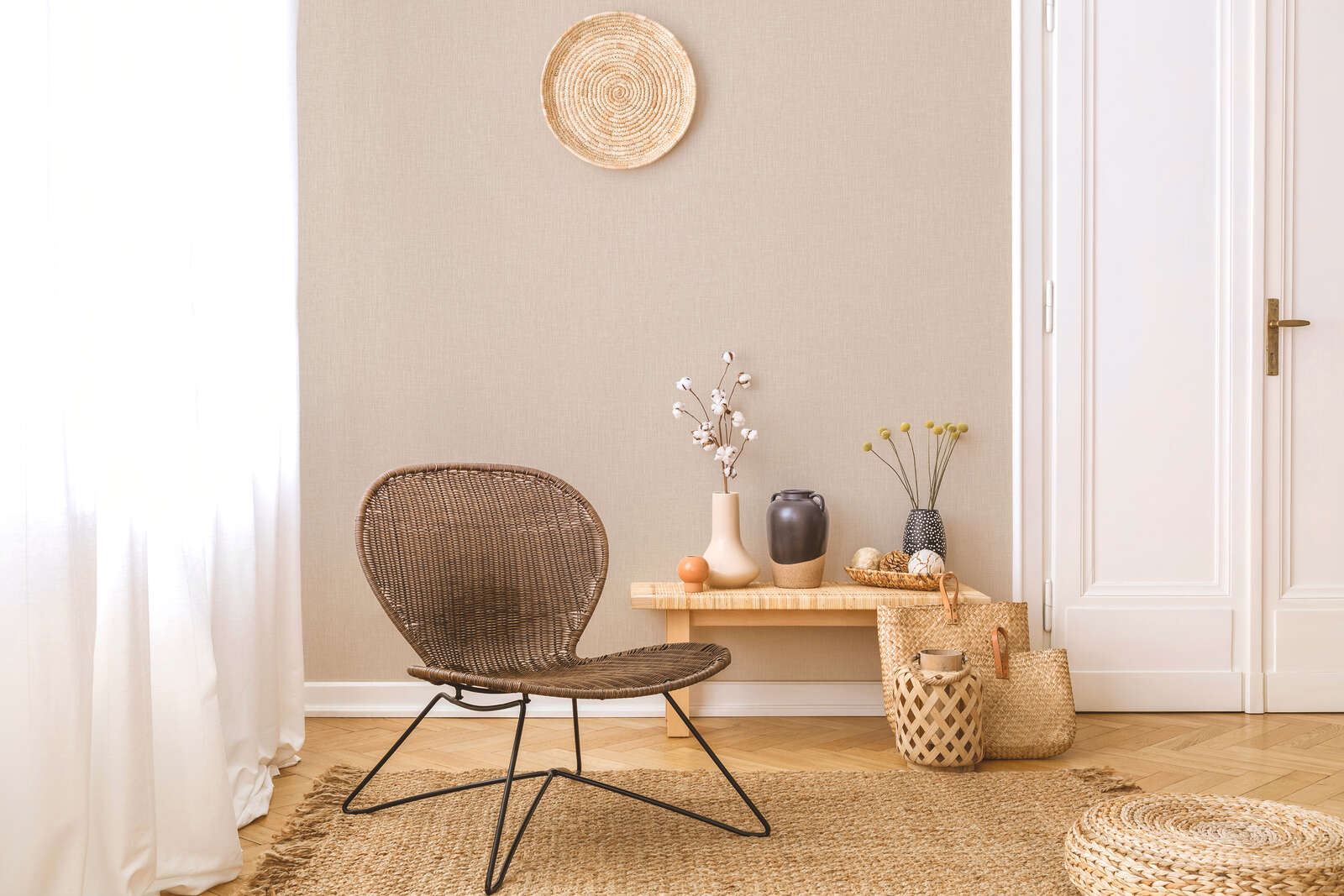 Deko-Sessel, Korbstuhl, Wanddeko, Vasen-Set, Natur-Interieur