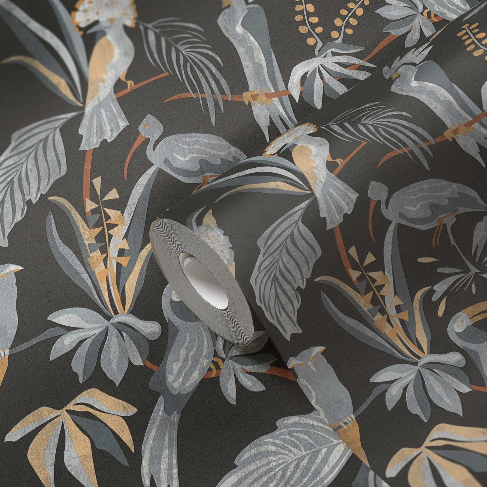 Tapete mit Dschungelpflanzen und Vögeln – Schwarz, Grau, Beige