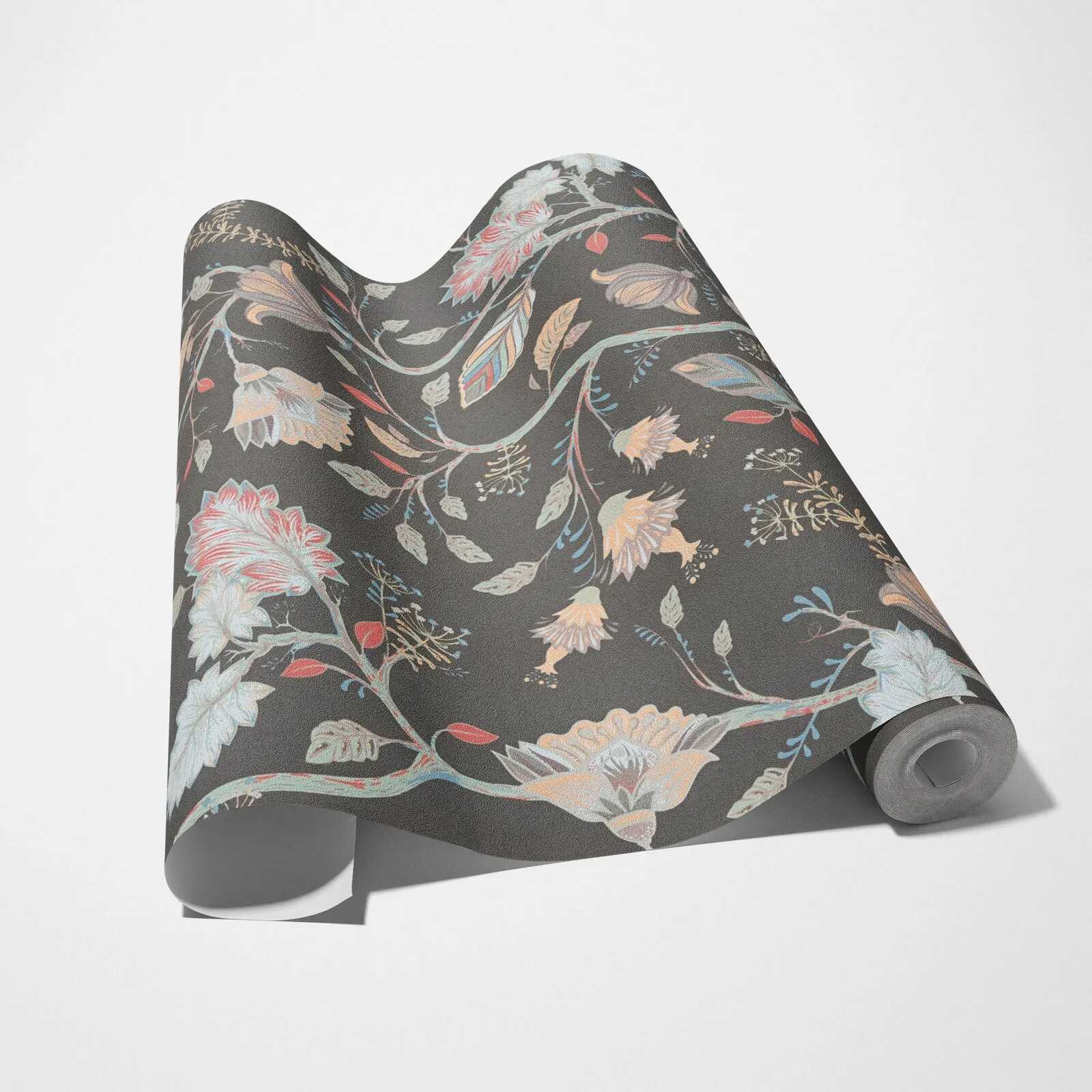             Florale Vliestapete mit gedeckten Farben - Rot, Grün, Schwarz
        