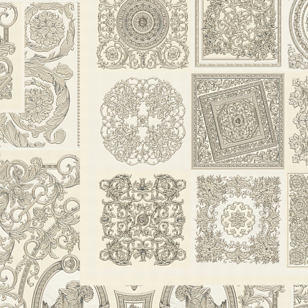 VERSACE Home Tapete Barock-Details &amp; Animal Print – Silber, Grau, Weiß