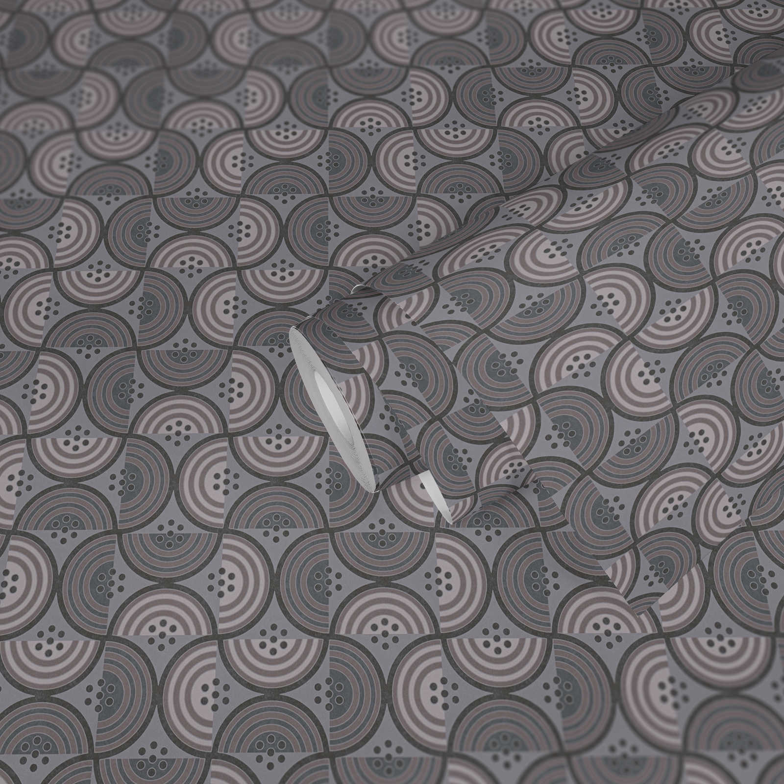             Grafische Tapete mit Punkt- & Halbkreismuster – Taupe, Grau, Creme
        