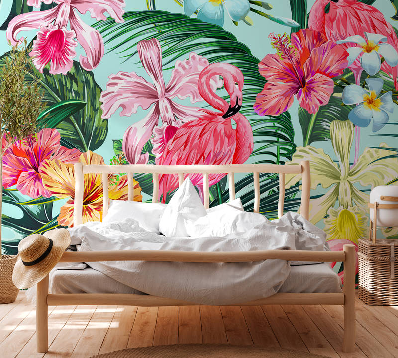             Tropische Fototapete mit Flamingo – Bunt, Blau, Grün
        