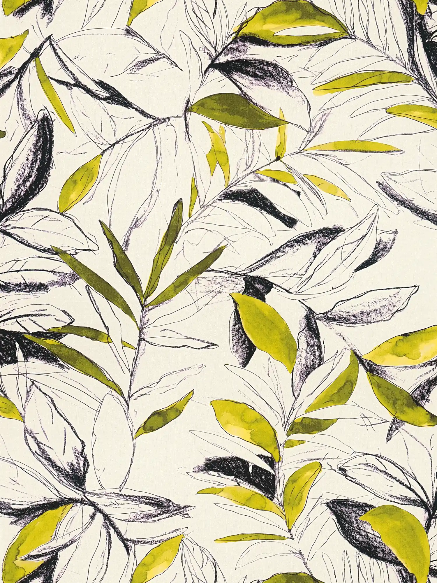         Decorative non-woven wallpaper with lively leaf motif in matt look and slightly textured - green, black, white
    