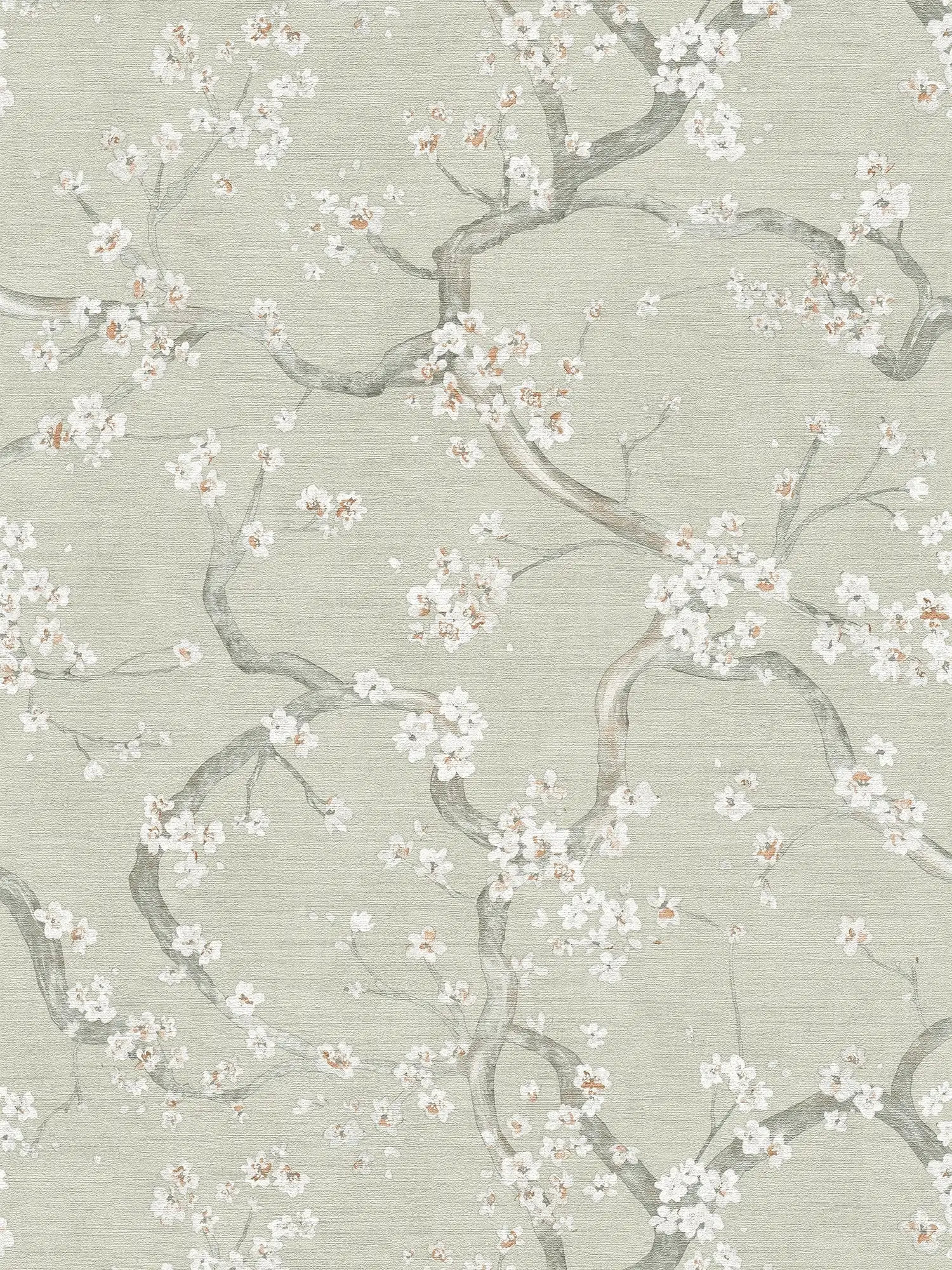        Fein strukturierte, stilvolle Vliestapete mit zartem Kirschblütenmuster – Grün, Weiß, Grau
    
