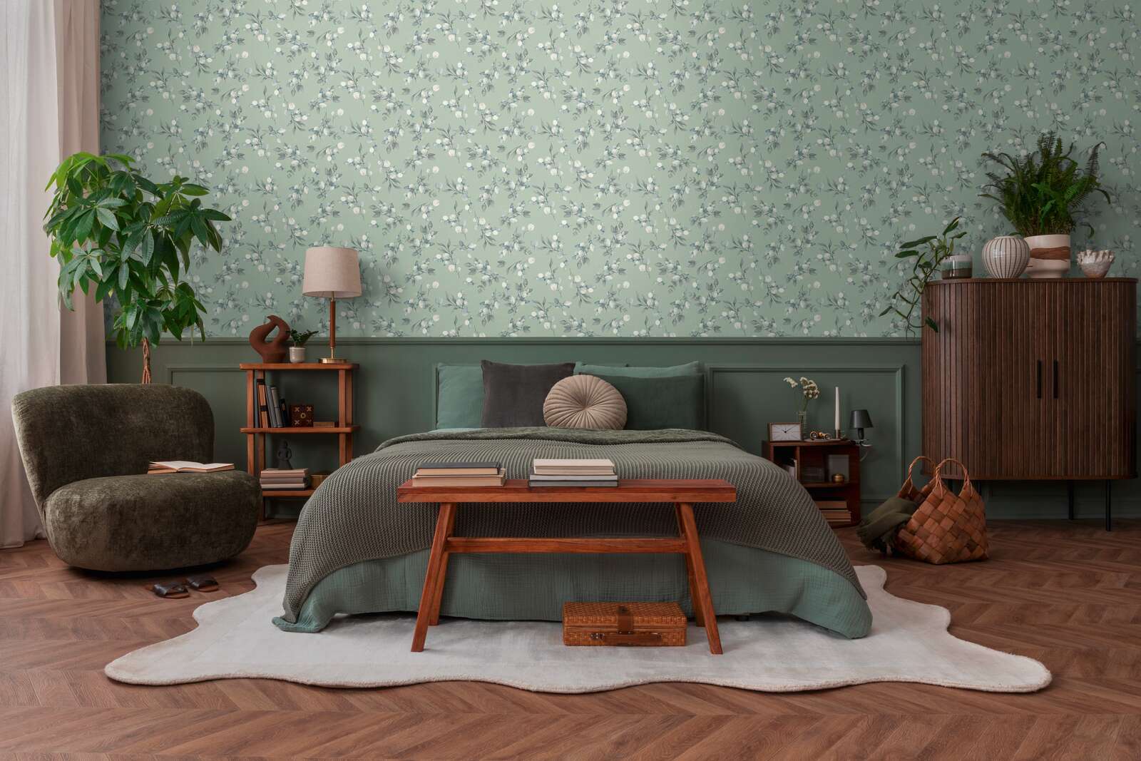 Glad vliesbehang met een elegant bloemendessin - groen, grijs, blauw