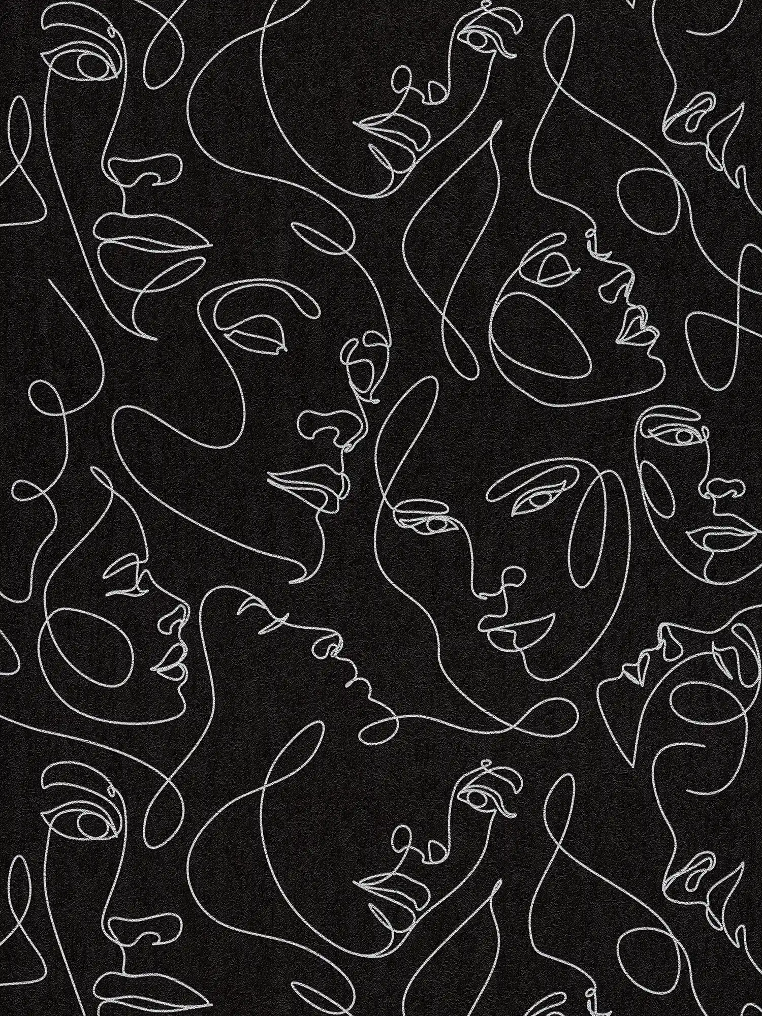 Line-Art mit abstrakten Gesichtern als Vliestapete edel glänzend und strukturiert – Schwarz, Silber, Metallic