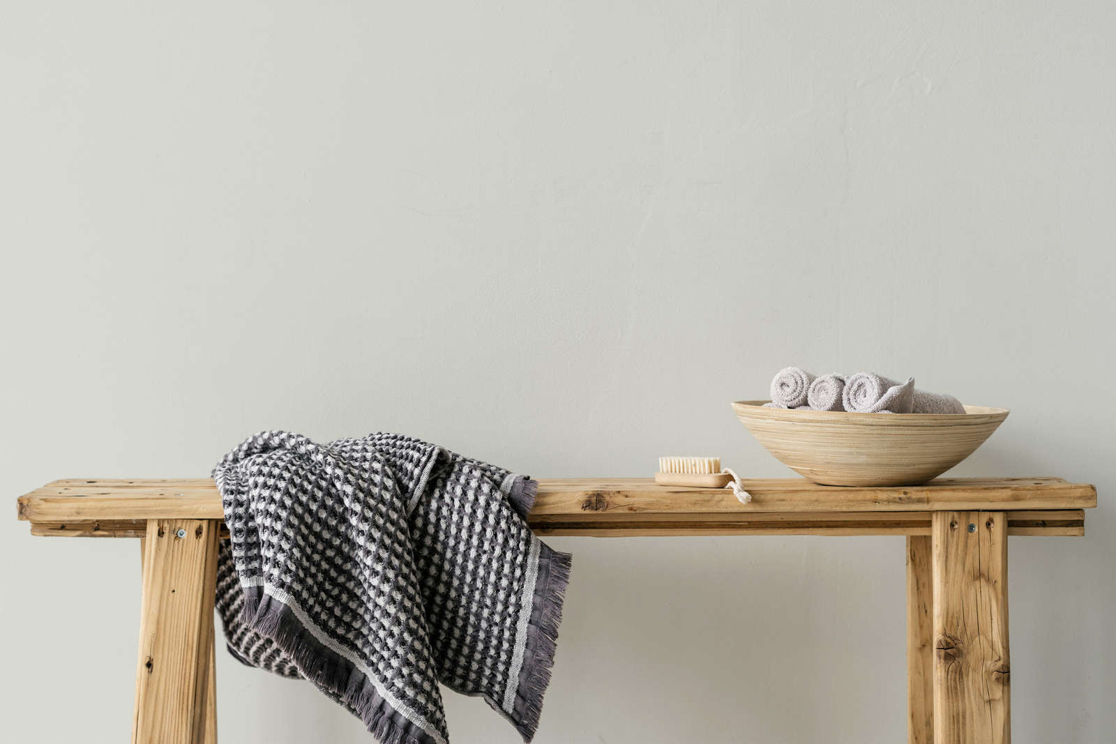 Handtuch, Badezimmer, Holzbank, Waschutensilien, Stoffmuster