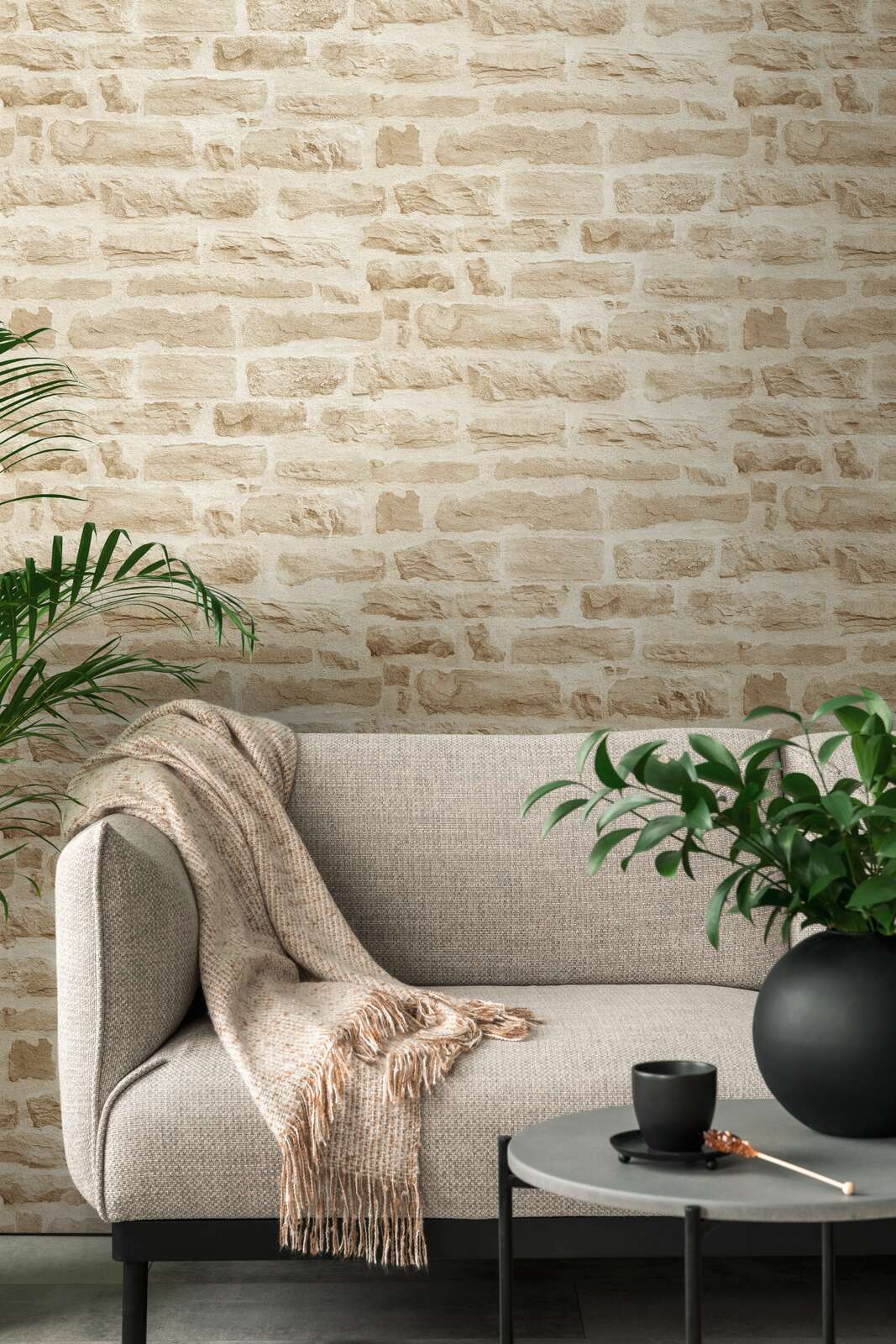Vliestapete hellbeige mit Natursteinmauer-Look – Beige, Creme