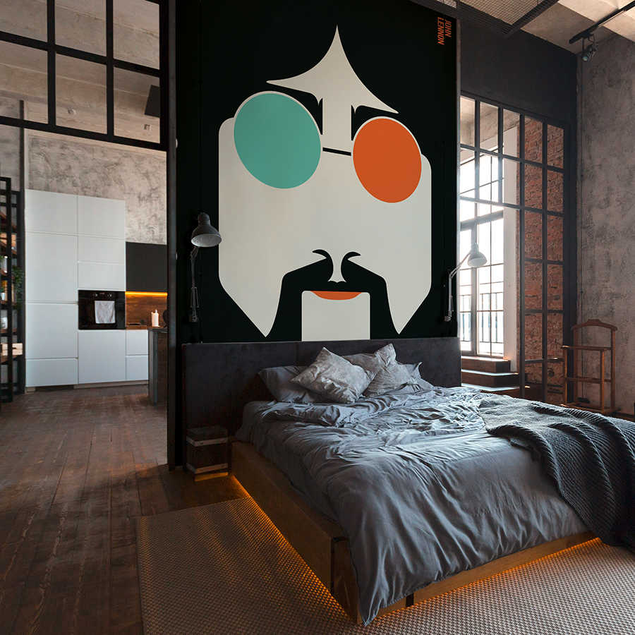 Bett, große Wandmalerei, Kunstwerk, dunkler Loft, industriell