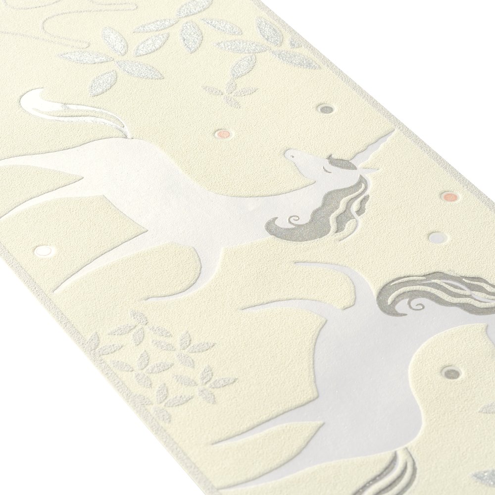             Kinderzimmer Bordüre mit Einhörnern & Glitzer – Grau, Violett
        