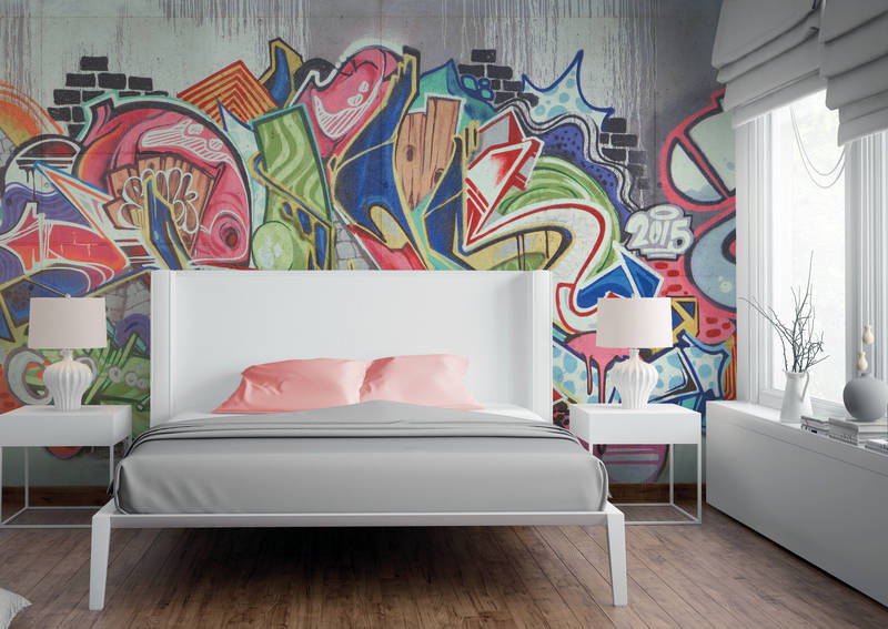 graffiti wall, bedroom, white bed, pink pillow, lounge room decor