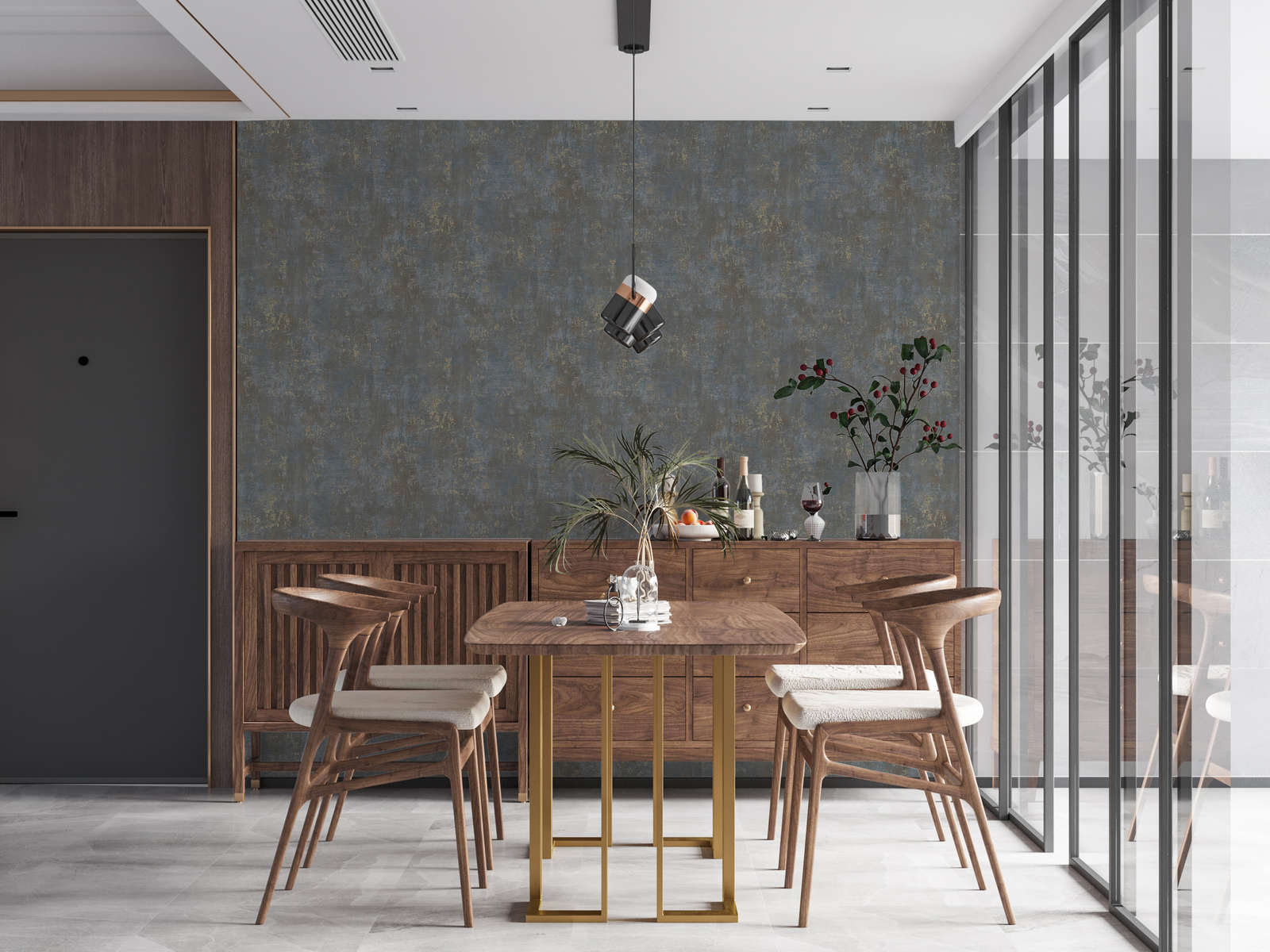 Tapete in Rostoptik mit metallischen Akzenten – Braun, Blau, Gold