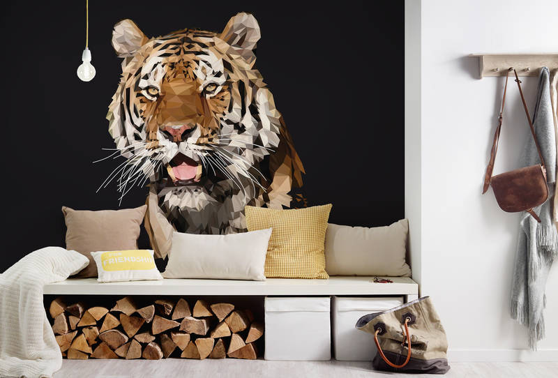 Tiger-Wandbild, Geometrischer Tiger, Wohnzimmer Wand, Holzaufbewahrung, Kissen-Set