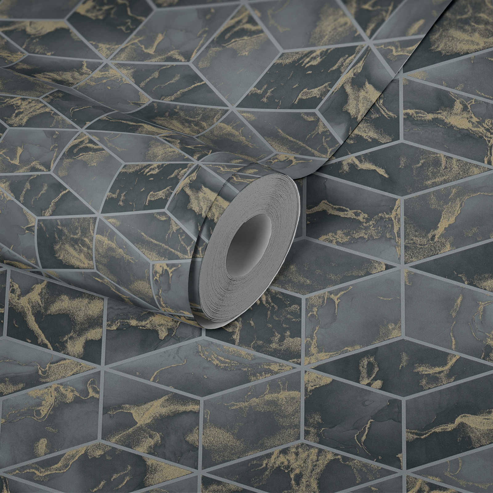             Marmer behang tegel look met goud accent - grijs, groen, metallic
        