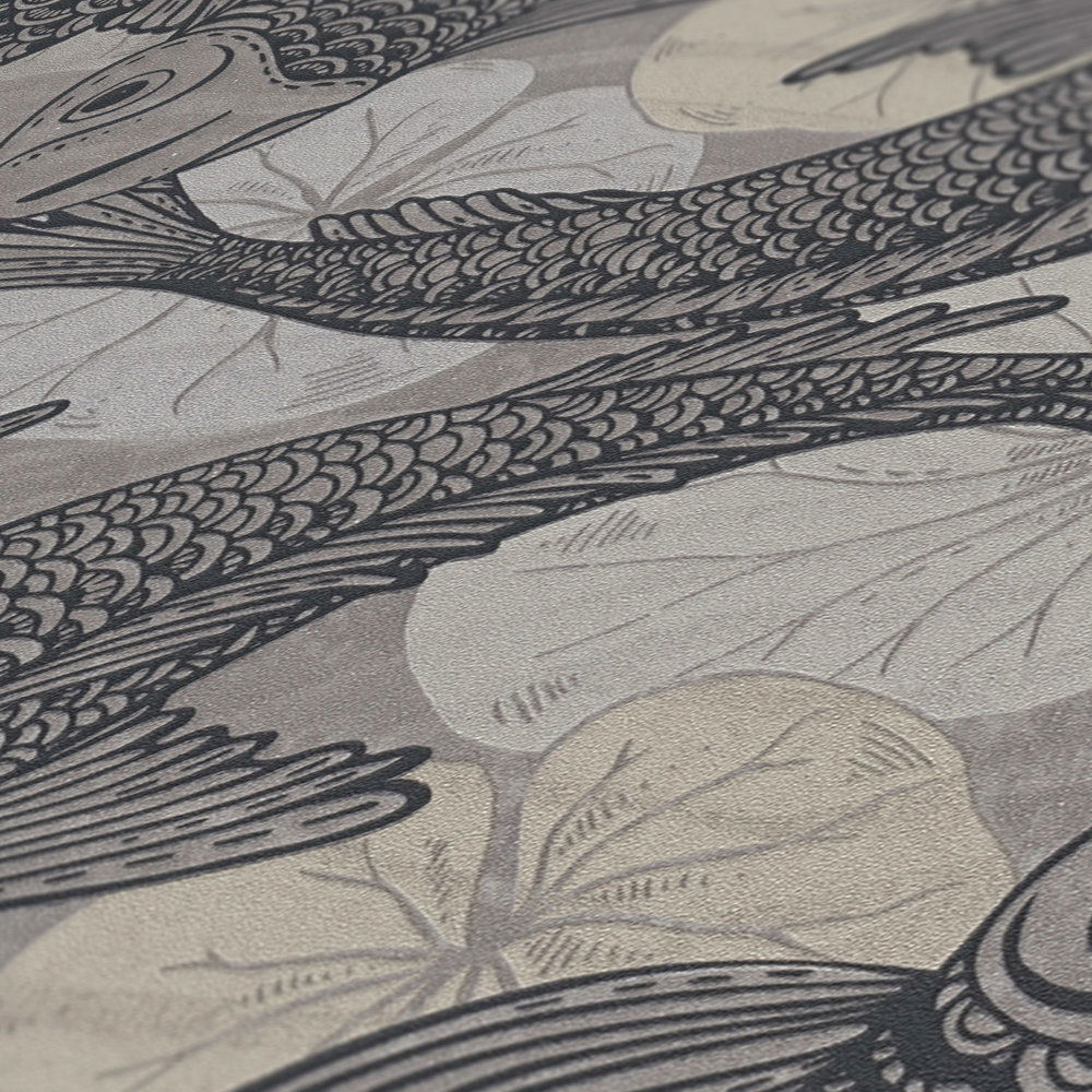             Wallpaper Asian design with koi motif & metallic effect - beige, grey, black
        