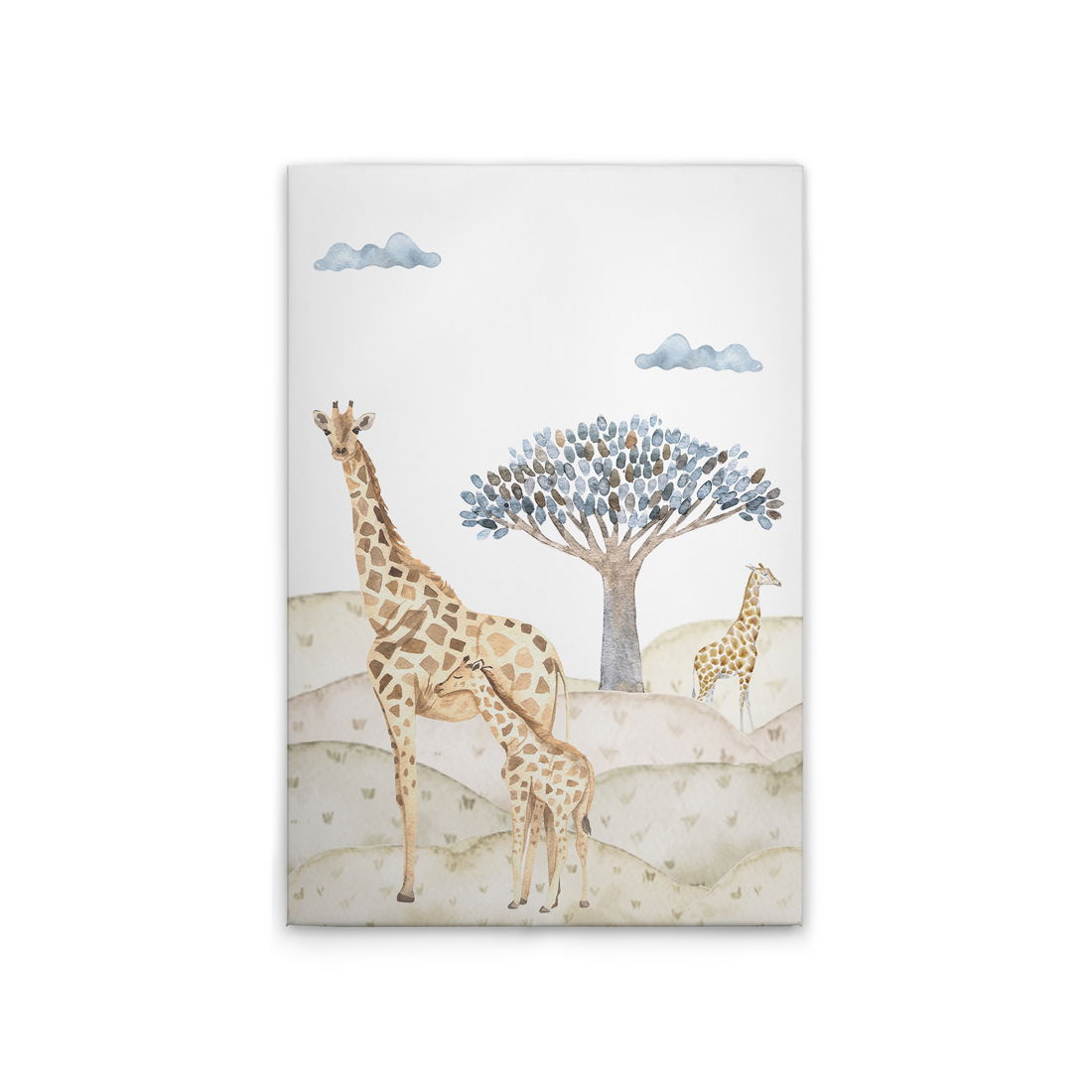             Leinwandbild Giraffen in der Savanne - Stilvolles Afrika-Motiv für Kinderzimmer oder Wohnräume – 30 x 40 cm - Beige, Blau
        