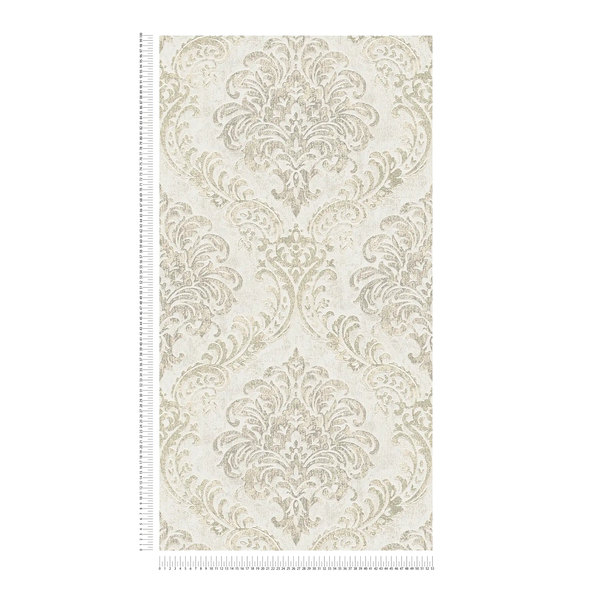             Barocktapete mit Ornament & Metallic-Look – Weiß, Silber, Gold
        