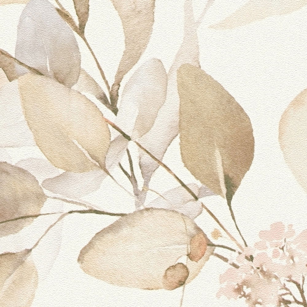             Vliestapete mit Aquarell Blatt-Motiv in warmen Farbtönen – Creme, Beige
        