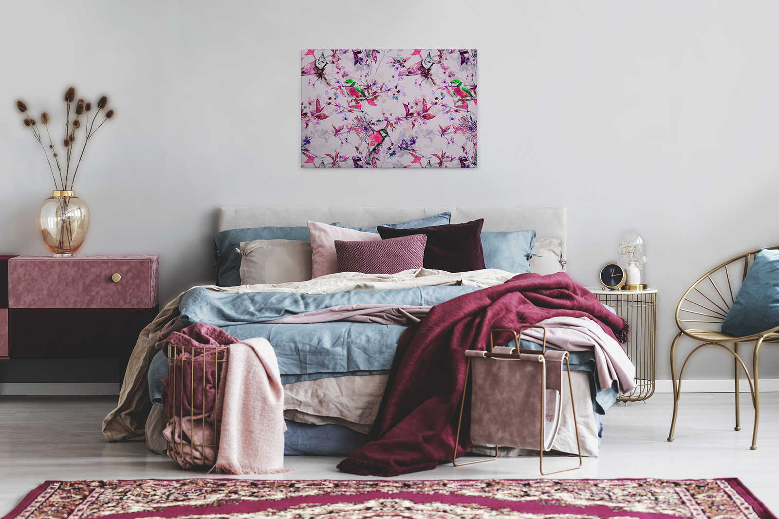 Vögel Leinwandbild im Collage Stil | rosa, blau – 0,90 m x 0,60 m