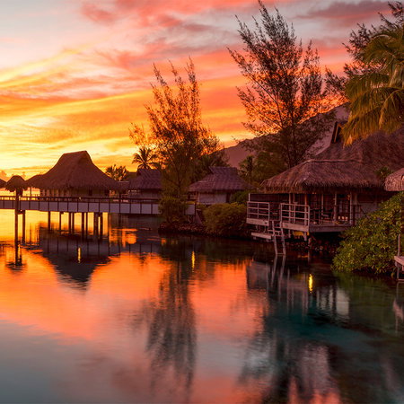 sunset, water, hut, pier, trees