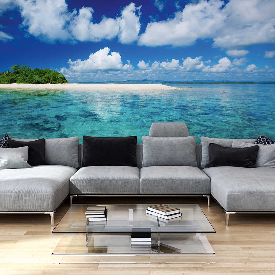 wohnzimmer, sofa, grau, couchtisch, wandtattoo-meeresbild