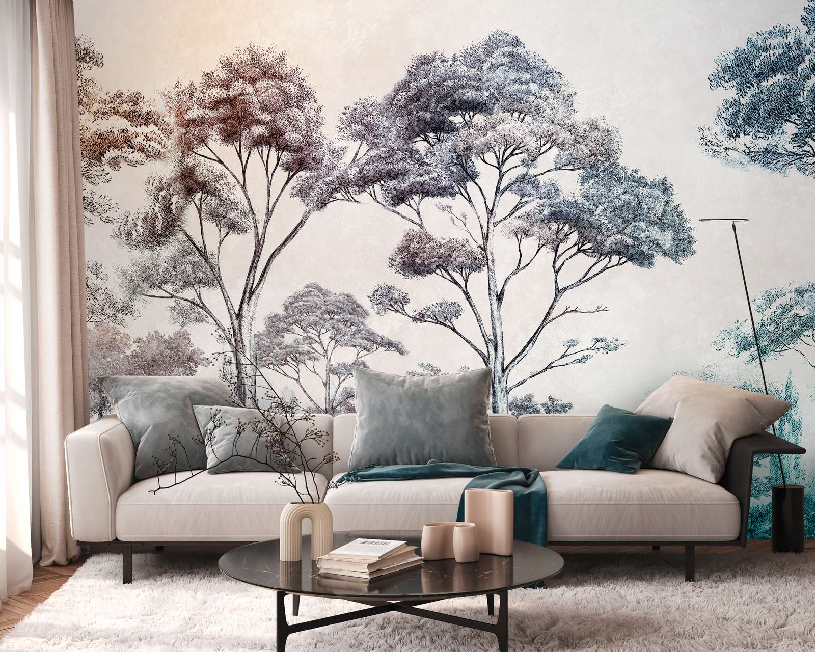 Elegante Waldmotiv Fototapete mit Farbverlauf als Vliestapete – Bunt, Creme, Blau