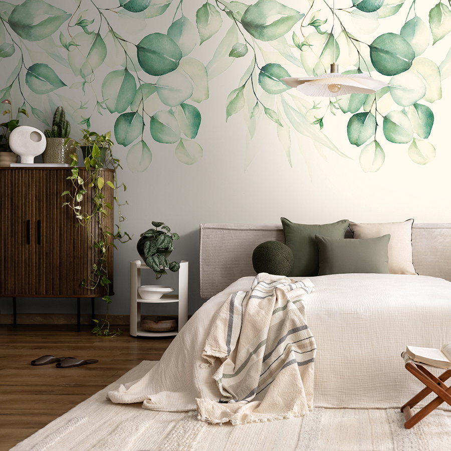 bettzimmer, wanddekor, pflanzenmuster, bodentapete, holzmöbel