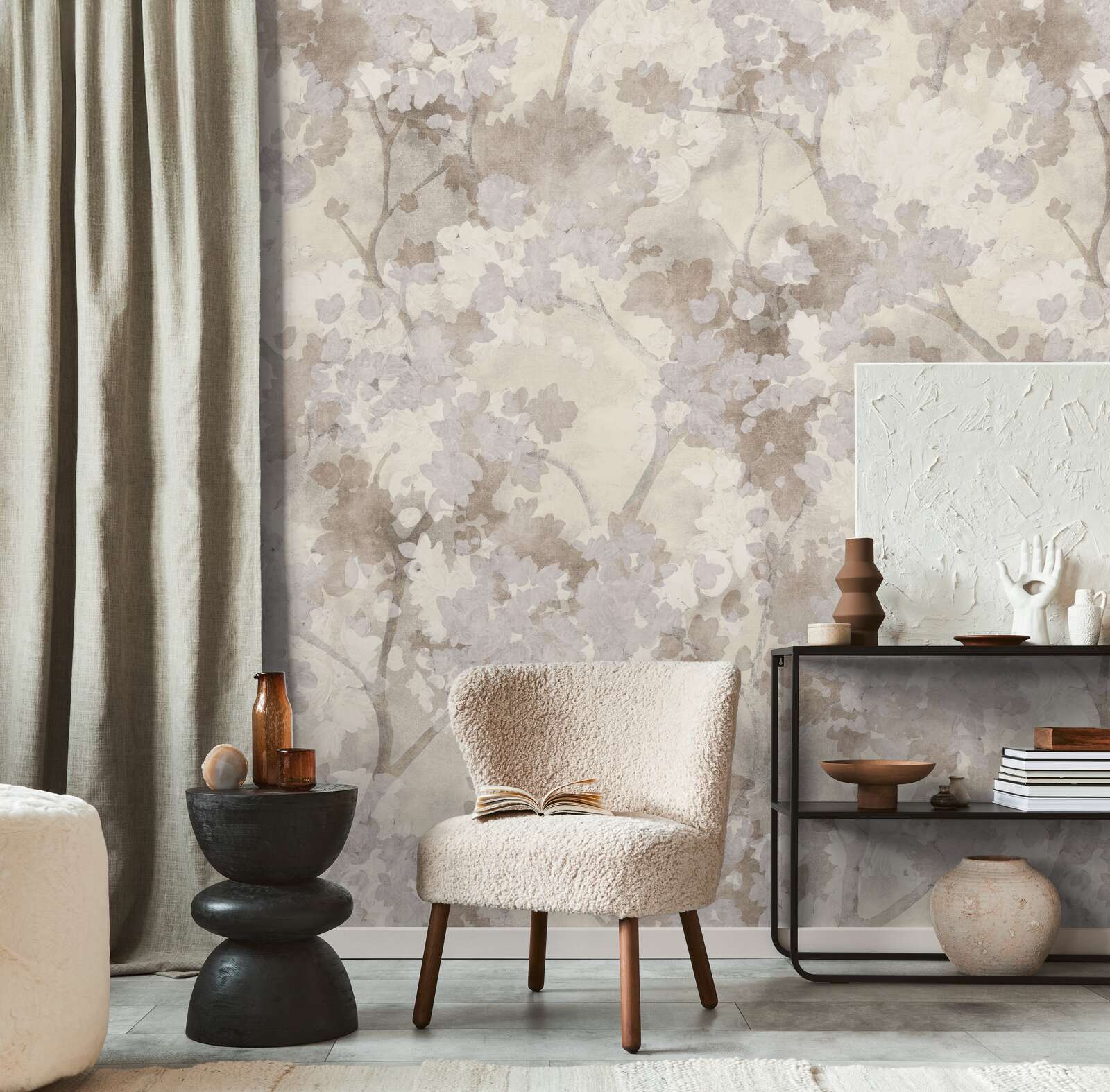 wohnzimmer, wandtapete, muster, stuhl, vintage-estetik