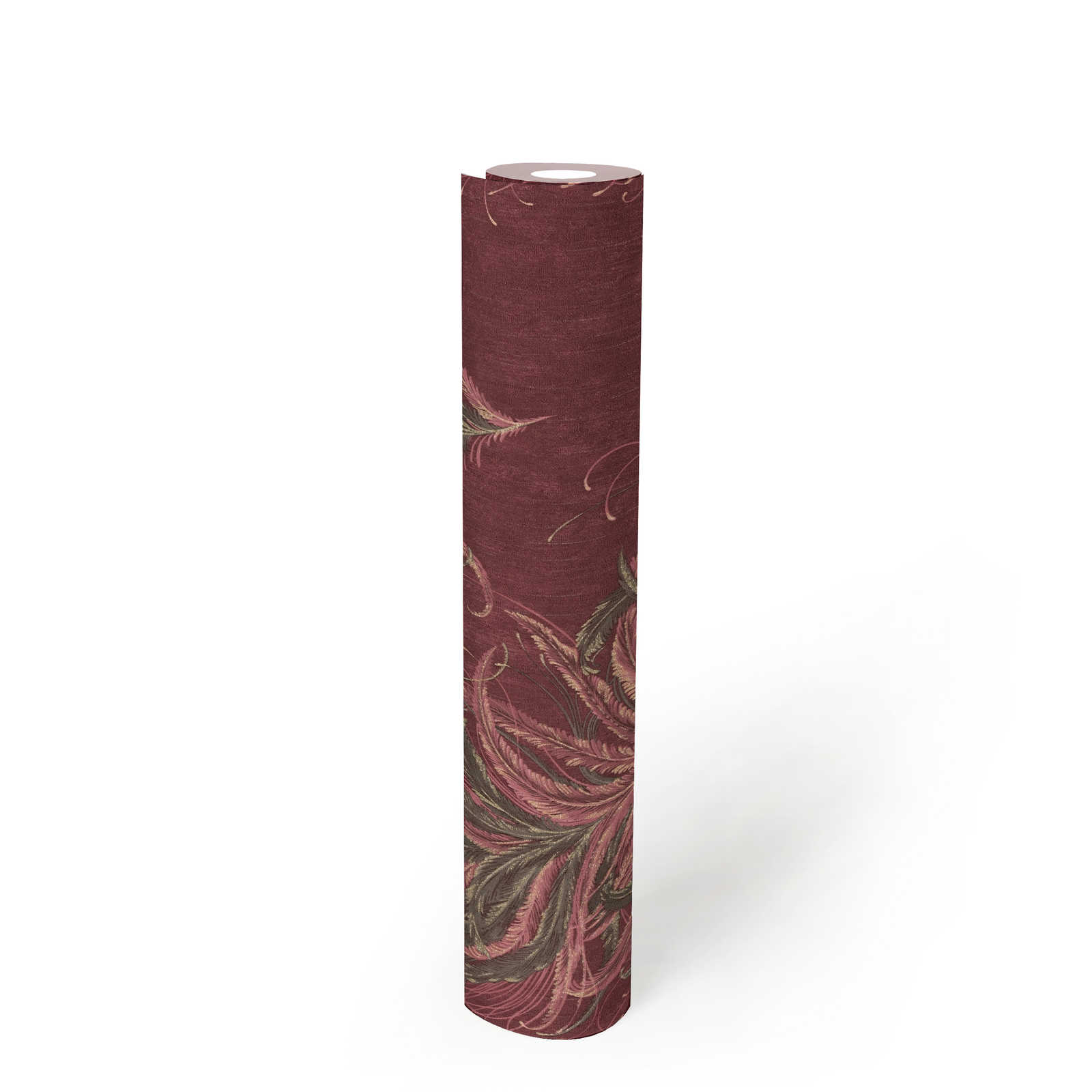             Rote Tapete mit Federn, Gold Design & Struktureffekt
        
