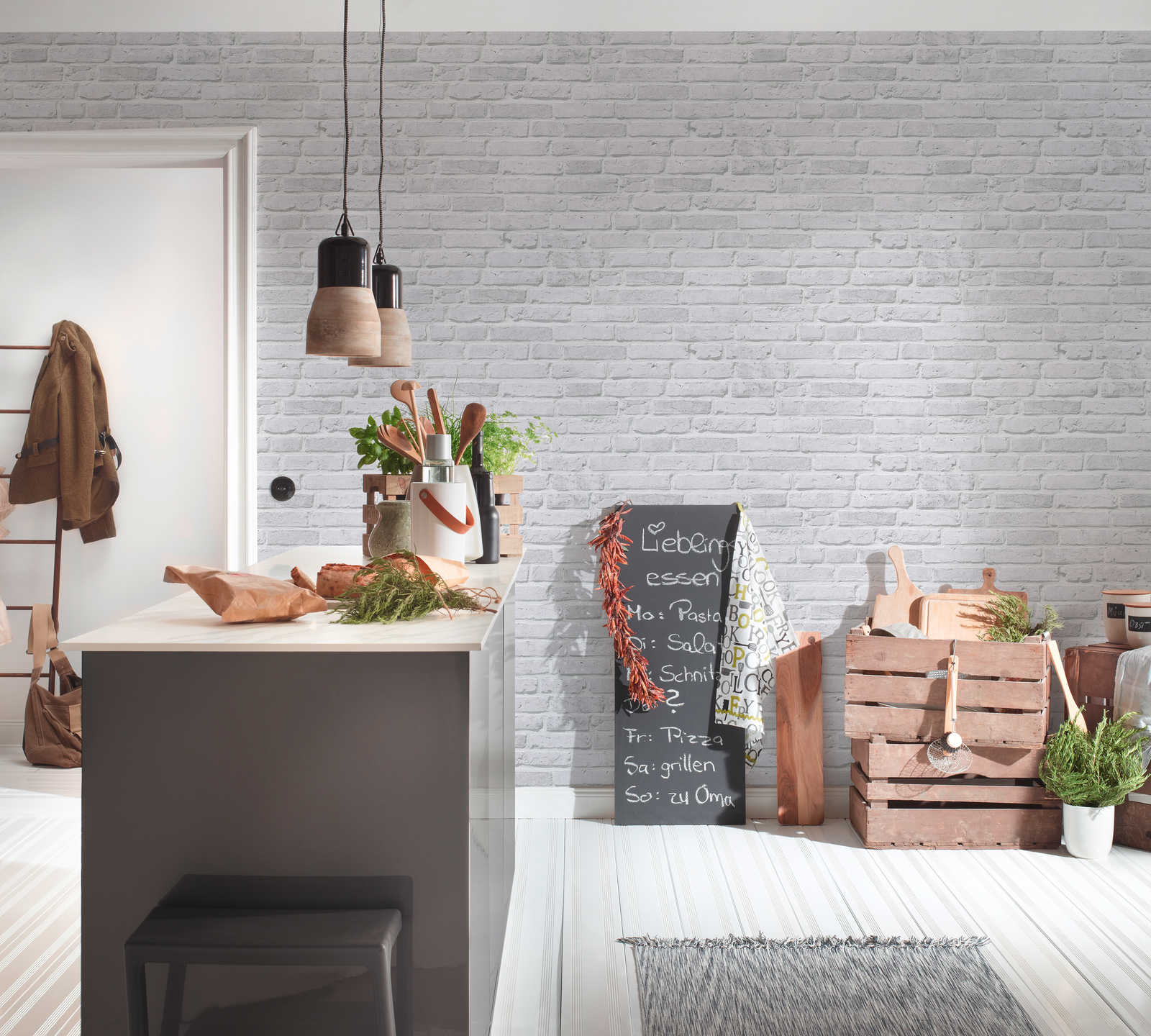             Helle Backstein-Tapete mit 3D-Optik – Grau
        