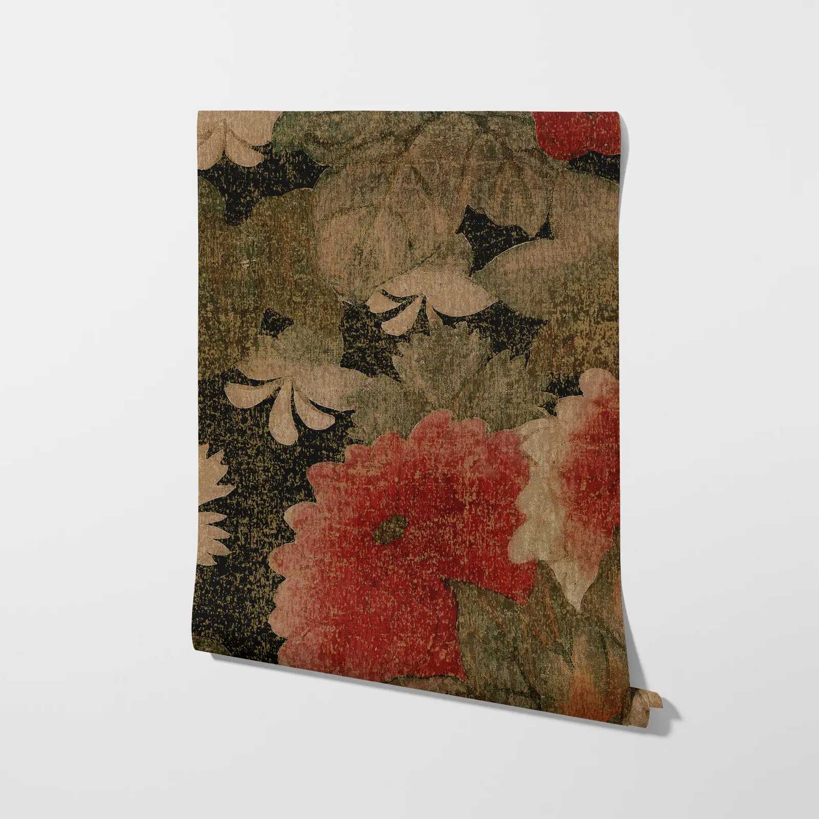             Vliestapete mit großflächigen floralen Muster – Beige, Rot, Grün
        
