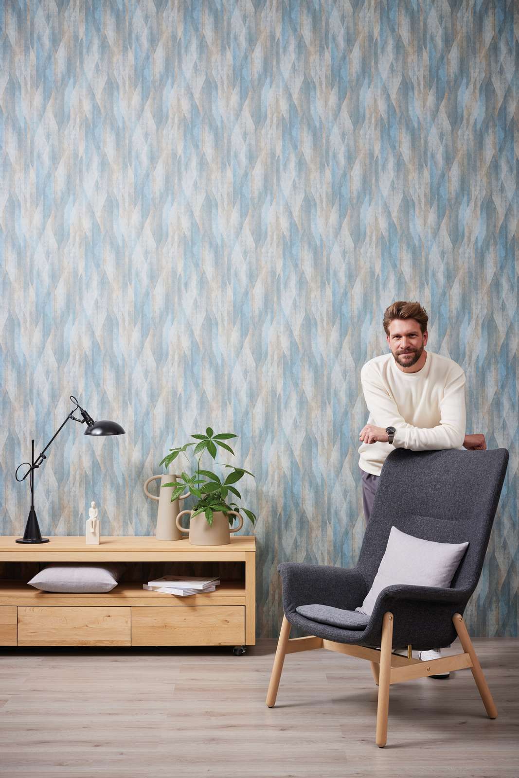             Vliestapete mit Vintage-Rautenmuster – Blau, Beige
        