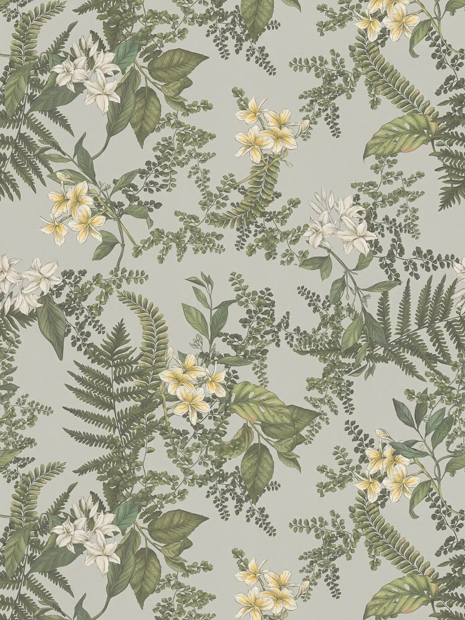         Moderne Tapete im floralen Stil mit Blüten & Gräsern strukturiert matt – Grau, Dunkelgrün, Weiß
    