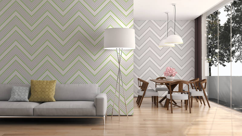 Wohnzimmer, Wandtattoo, Zickzack Muster, Helle Farben, Holzboden