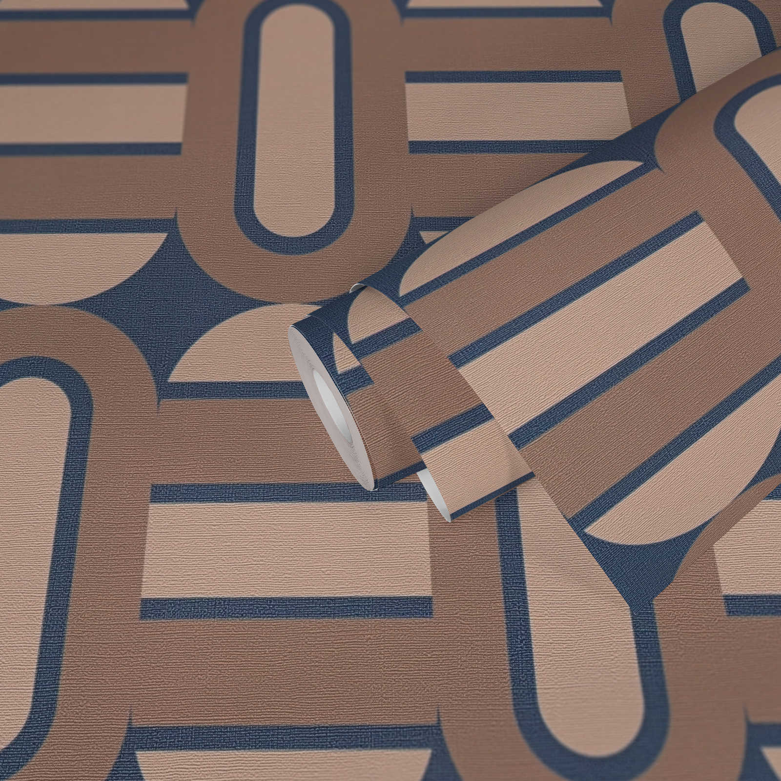             Mit Ovalen und Balken verzierte Tapete im Retro Stil – Blau, Braun, beige
        