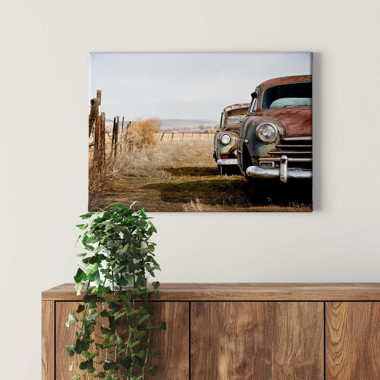 Leinwandbild Vintage Amerika mit rostigem Oldtimer – 0,70 m x 0,50 m