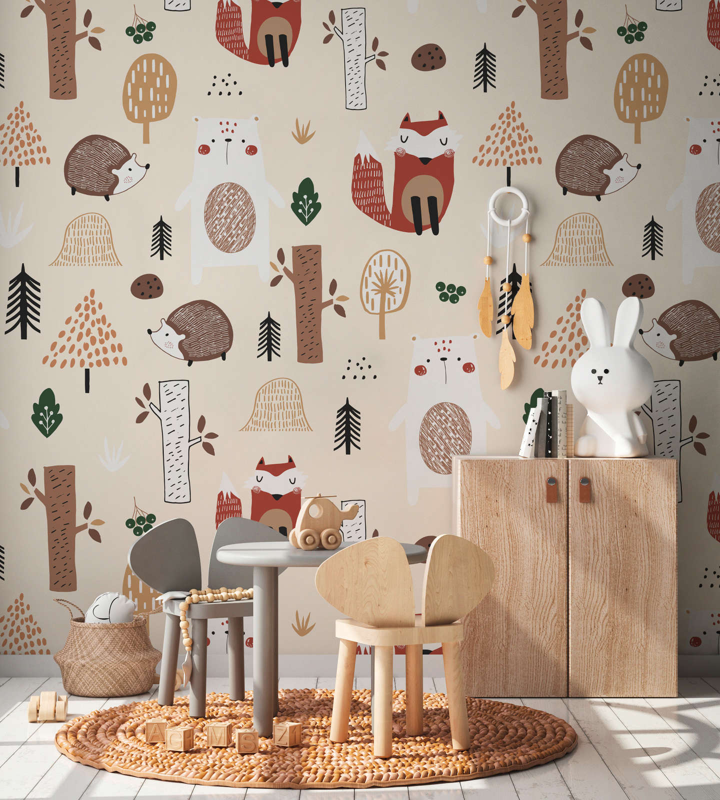 Waldabenteuer - Verspielte Kinderzimmer Tapete mit Füchsen, Igeln und Bäumen – Beige, Braun, Rot