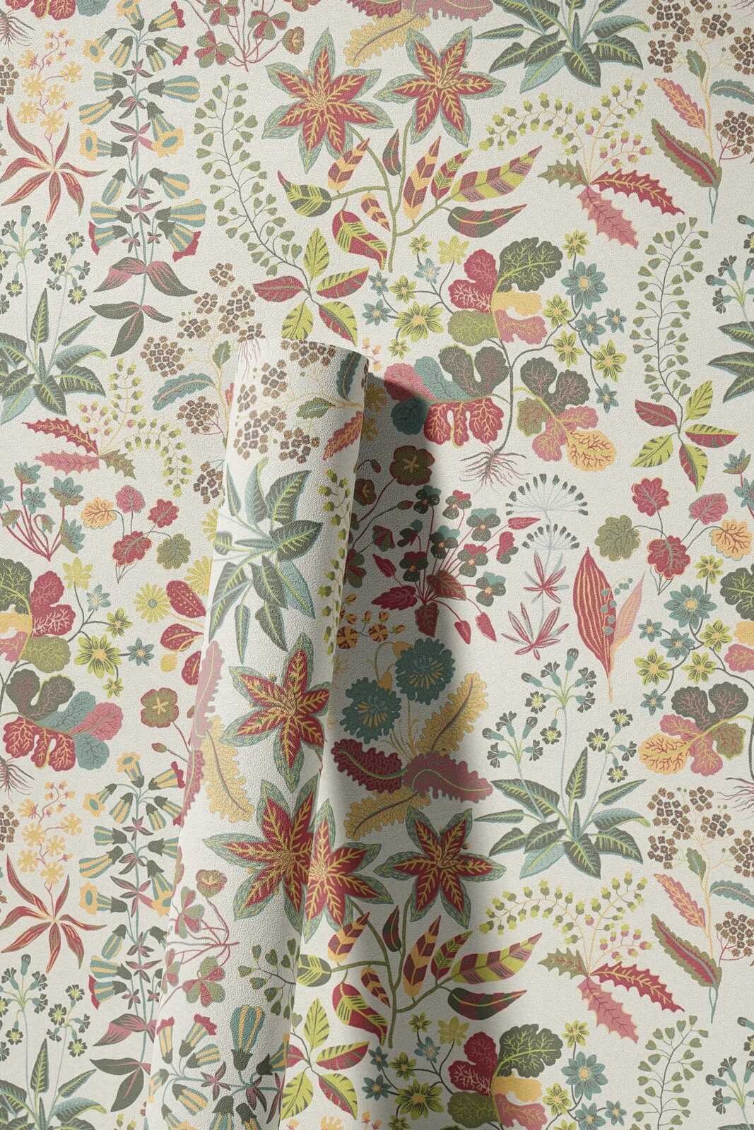             Blumentapete mit detailliertem Muster - Rot, Grün, Creme
        